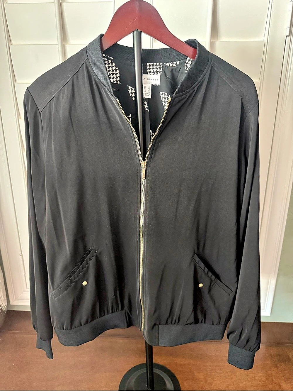 Susan Graver Houndstooth Lined Bomber Jacket Black & White XL
